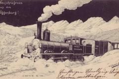 Neujahrsgruss aus dem Toggenburg: Dampflokomotive vor den Churfirsten, Poststempel vom 01.01.1907, vermutlich Vorfreude und Anspielung auf die geplante Bodensee-Toggenburg-Bahn, die 1910 eröffnet wurde. Zeichnung von Ad. Schmid-Rösli, Winterthur. Verlag von A. Sch., Winterthur, Nr. 1369