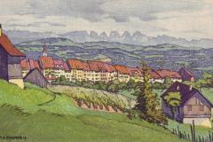 Wil mit den Churfirsten, Steinzeichnung von Ernst Emil Schlatter (1883-1954) aus dem Jahr 1912. Verlag: Mittelthurgau-Bahn-Gesellschaft Weinfelden. Druck: Graphische Anstalt Johann Edwin Wolfensberger, Zürich