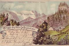 Gruss aus dem Calfeisental: Piz Segnes, Trinserhorn, Trinserfurka, Piz Sardona, Scheiben, St. Martin. Poststempel vom 03.08.1905. Die Zeichnung vom Calfeisental mit dem Sardonagebirge stammt von Friedrich Wilhelm Sprecher, Vättis.