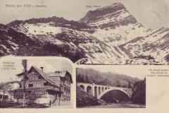 Gruss aus Bühl bei Nesslau um 1910: Speer, Pension und Ferienheim zum Grütli, Quaderstein-Brücke im Herrentobel. Aufnahme und Verlag von Reinhold Bürgi, Nesslau